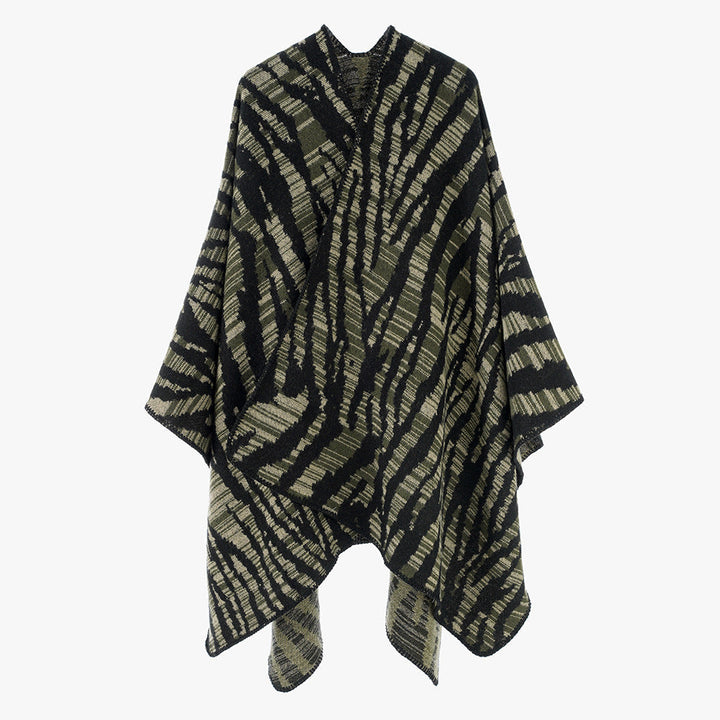 Dam Rectangular Ruana-Overlay med Extravagant Animal-Jacquard och Open Draping