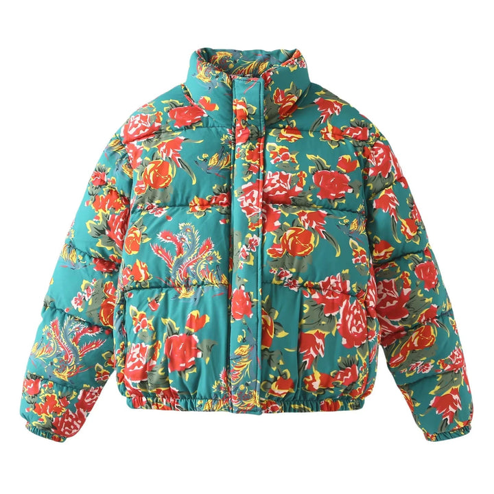 Dam quiltad down look quiltad jacka med floral alla-över tryck, ståkrage, och elastisk fåll