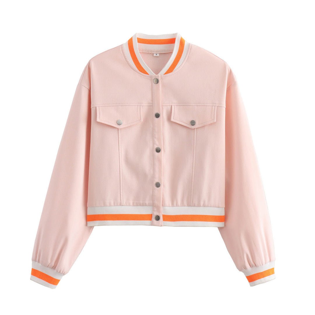 Dam cropped blousonjacka med snap knäppning, randig ribbstickade muddar och patch bröstfickor