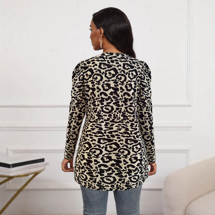 Dam Open leopardprint lång jacka med Puff ärmar, lätt W quality och fallande en-Line