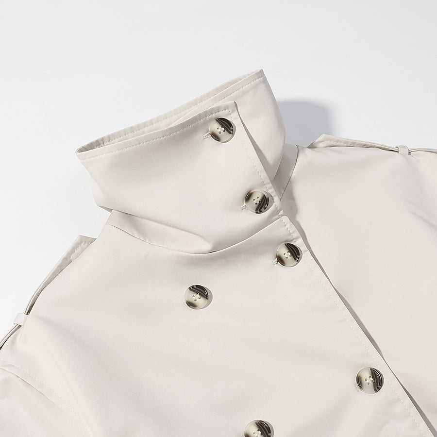 Dam Longer Dubbel-Breasted Trenchcoat med Hög Ståkrage och Midjebälte