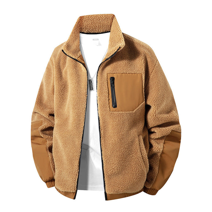 Herr Oversize Teddy Fleece Jacka med Kontrast Nylon Inlägg och Ståkrage
