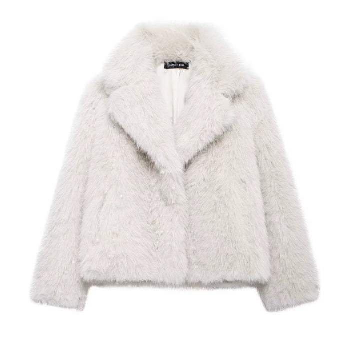 Dam 100+ Kort Faux Fur Jacka med Lapel Krage, Mjuk Teddy Fur och Dold Tryckknapp Knapp Knäppning