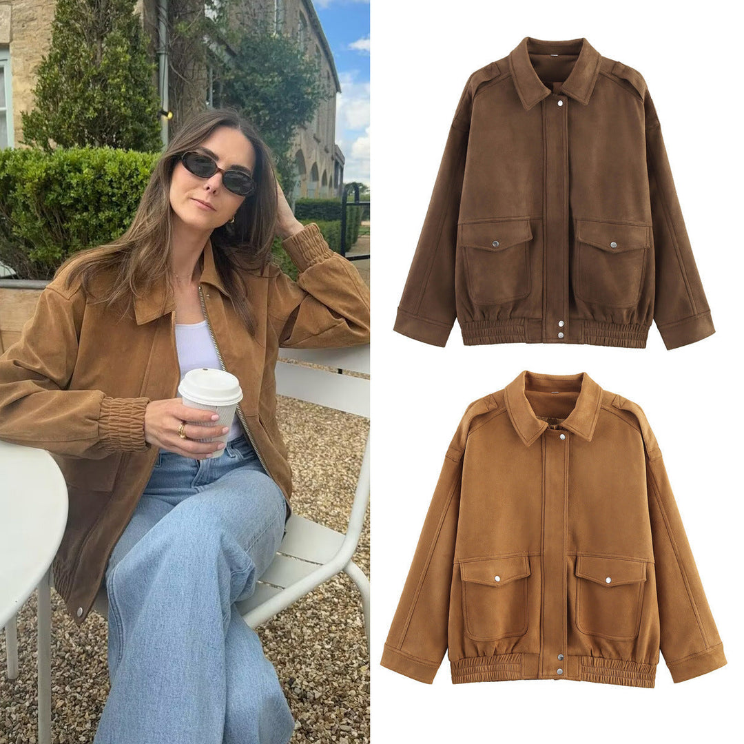 Dam Oversize Velvet-Optic Jacka med Lock Fickor, Tryckknapp Front och Elastic Nederkant