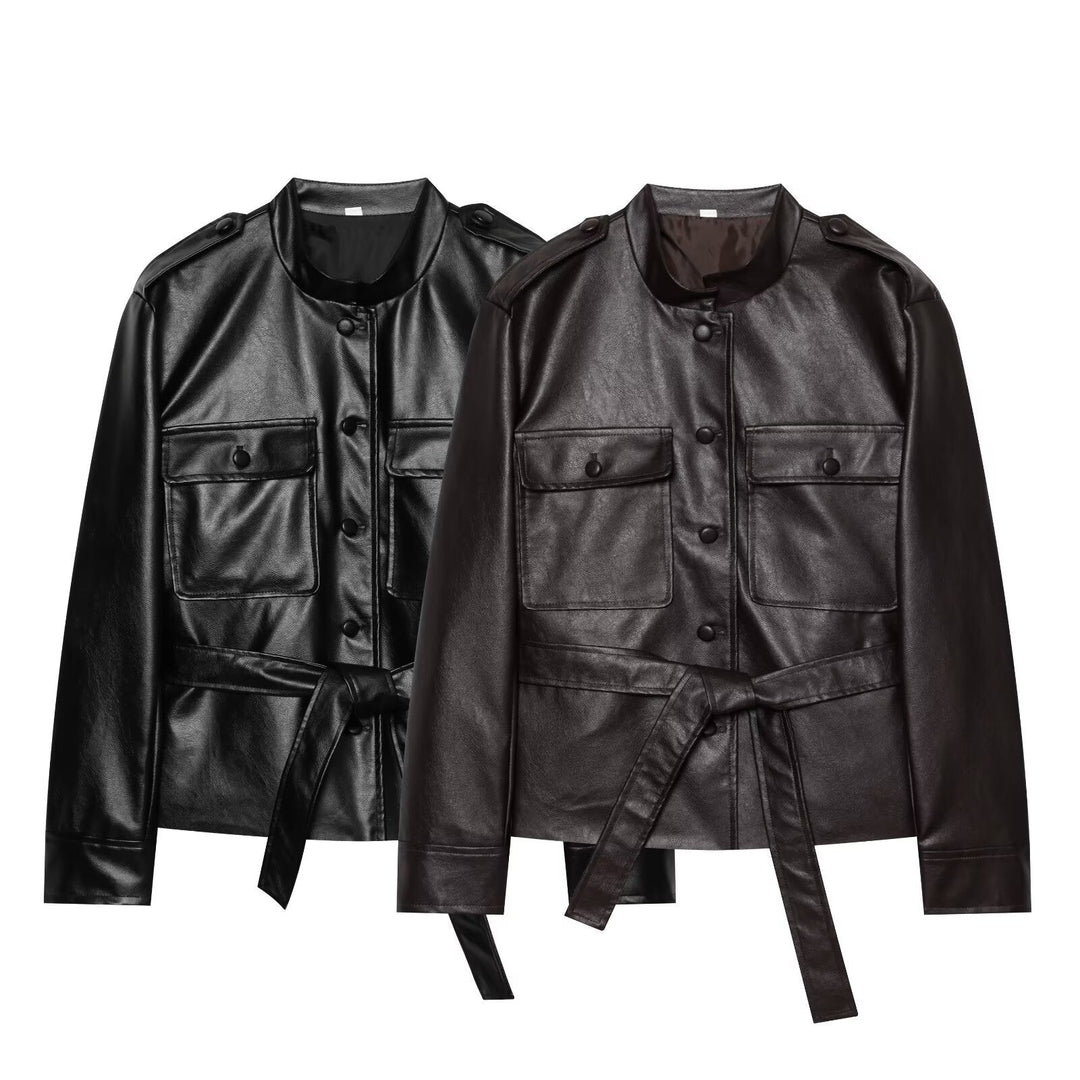 Dam Tailored Faux Läder Blouson Jacka med Ties, Lock Fickor och Stå Krage