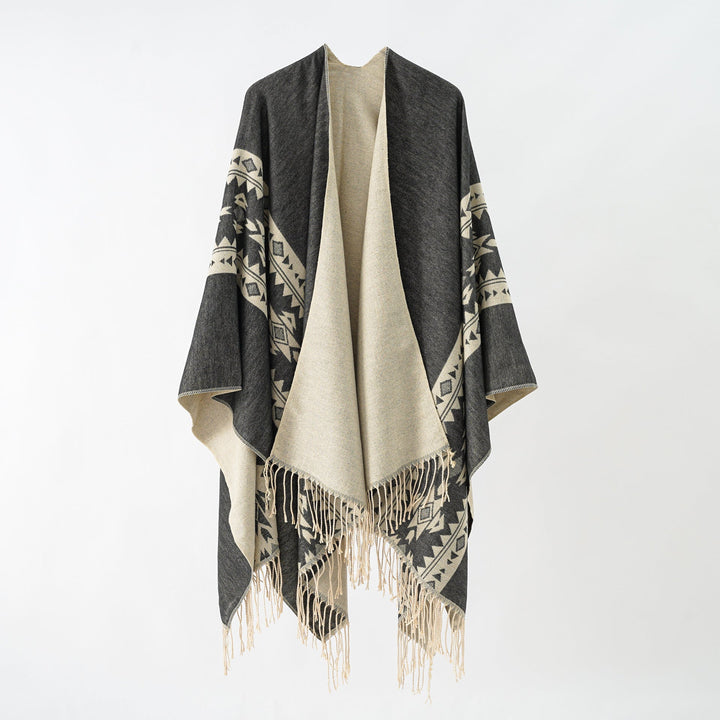 Dam Cashmere-look Wrap poncho med Geometric Border Jacquard och Fringe kant