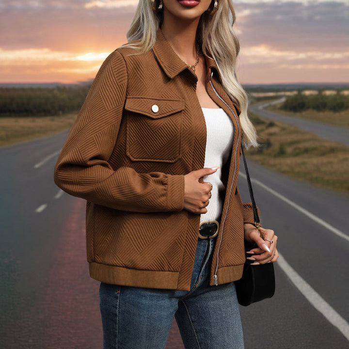 Dam Quiltad Transitional Shacket med Lockfickor, Dragkedja och Textured Jacquard Fabric