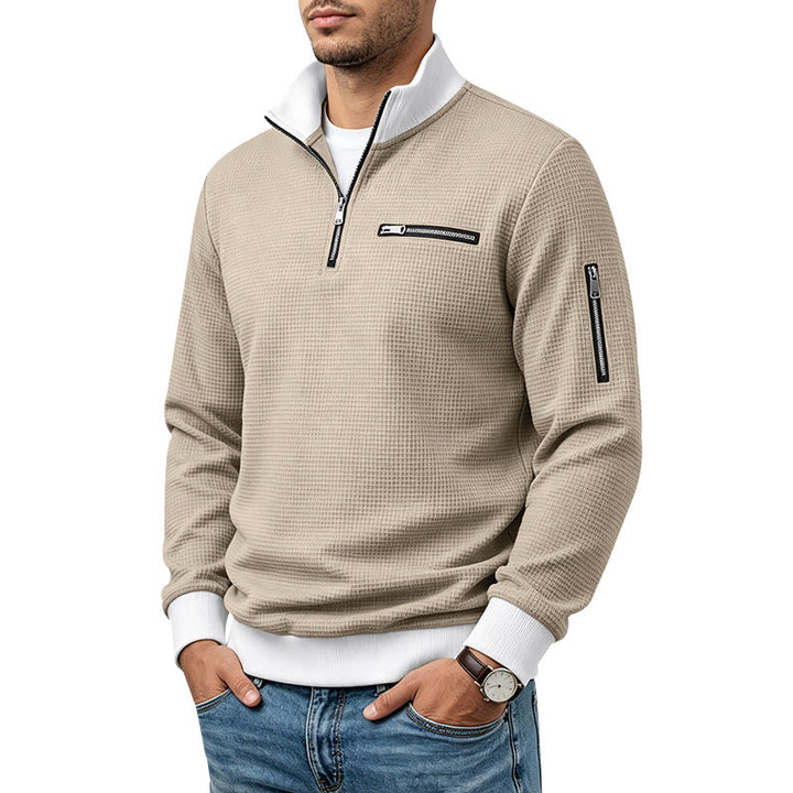Herr Waffle-Stickad Turtleneck med Contrast Krage, Zippered Bröstficka och Ärmficka