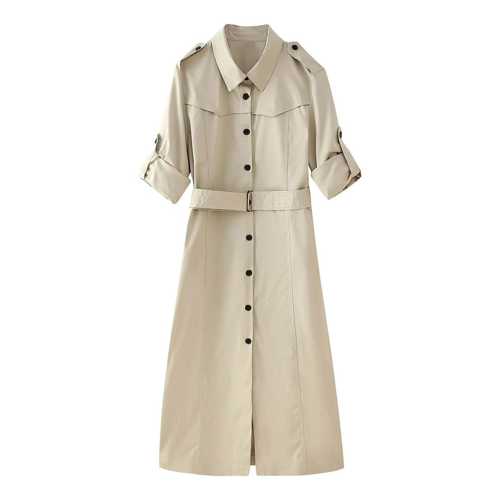 Dam longer figursydd trenchcoat med midjebälte, axel epaulettes, och continuous knäppning