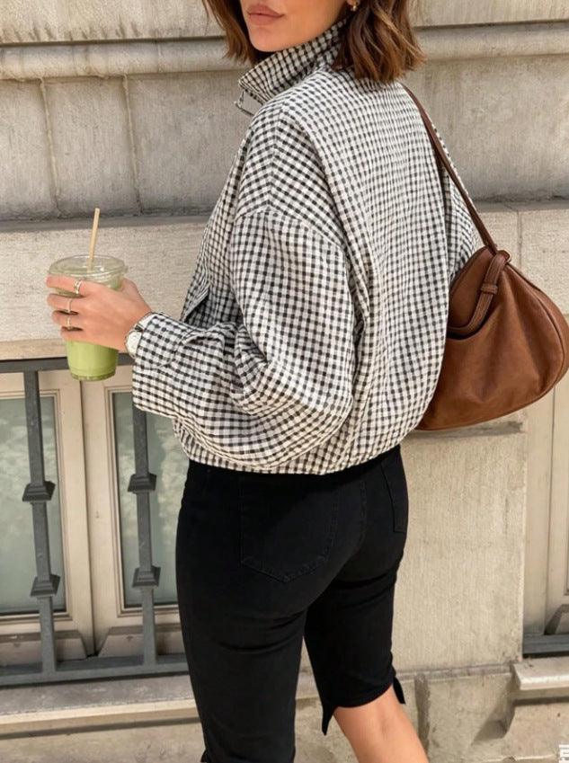 Dam Oversized Rutig Blouson Jacka med Ståkrage