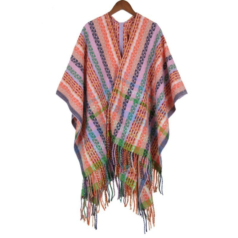 Dam Multicolored Woven poncho i Boho Patchwork design med Fringes