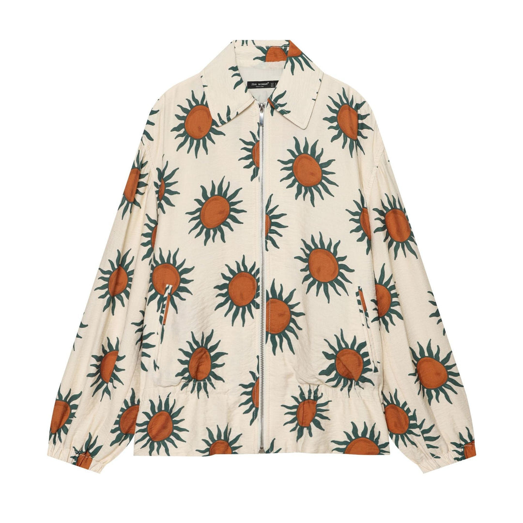 Dam Printed Boxig Blouson Jacka med Dragkedja och Drawstring Waist