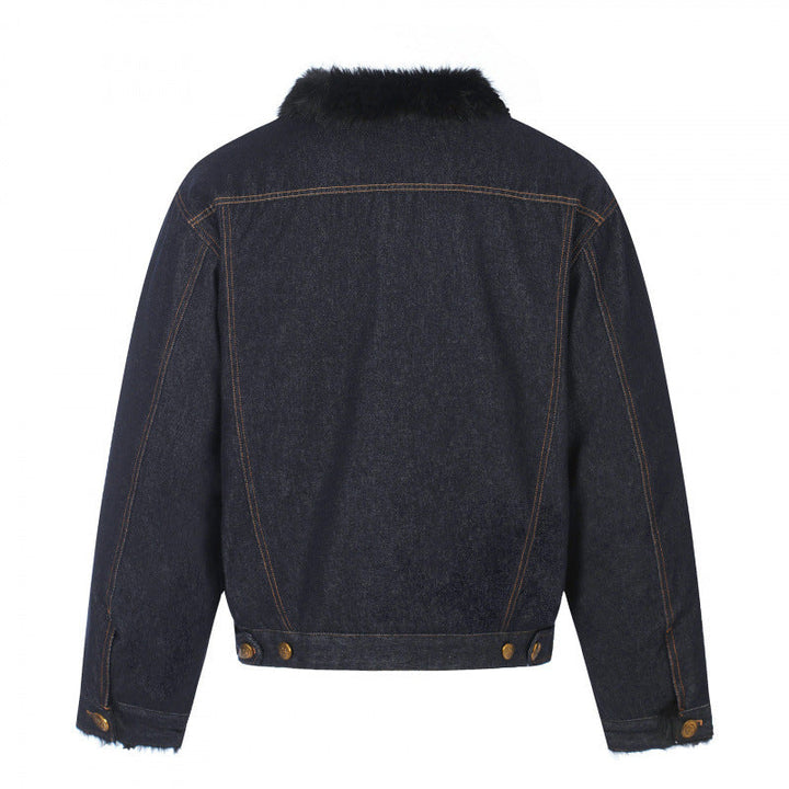 Herr short-cut denimjacka med fusk päls krage och teddyfoder look