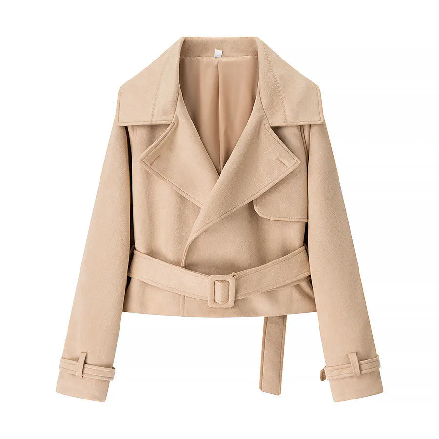 Dam cropped kappa blazer i velvet look med bred lapels och midjebälte