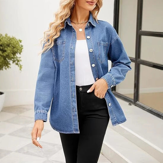 Dam oversize denim skjortjacka med Patch bröstfickor och avslappnad skärning