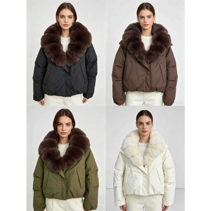 Dam nan kort thermal kviltad jacka med voluminous removable faux fur krage och skräddad fåll