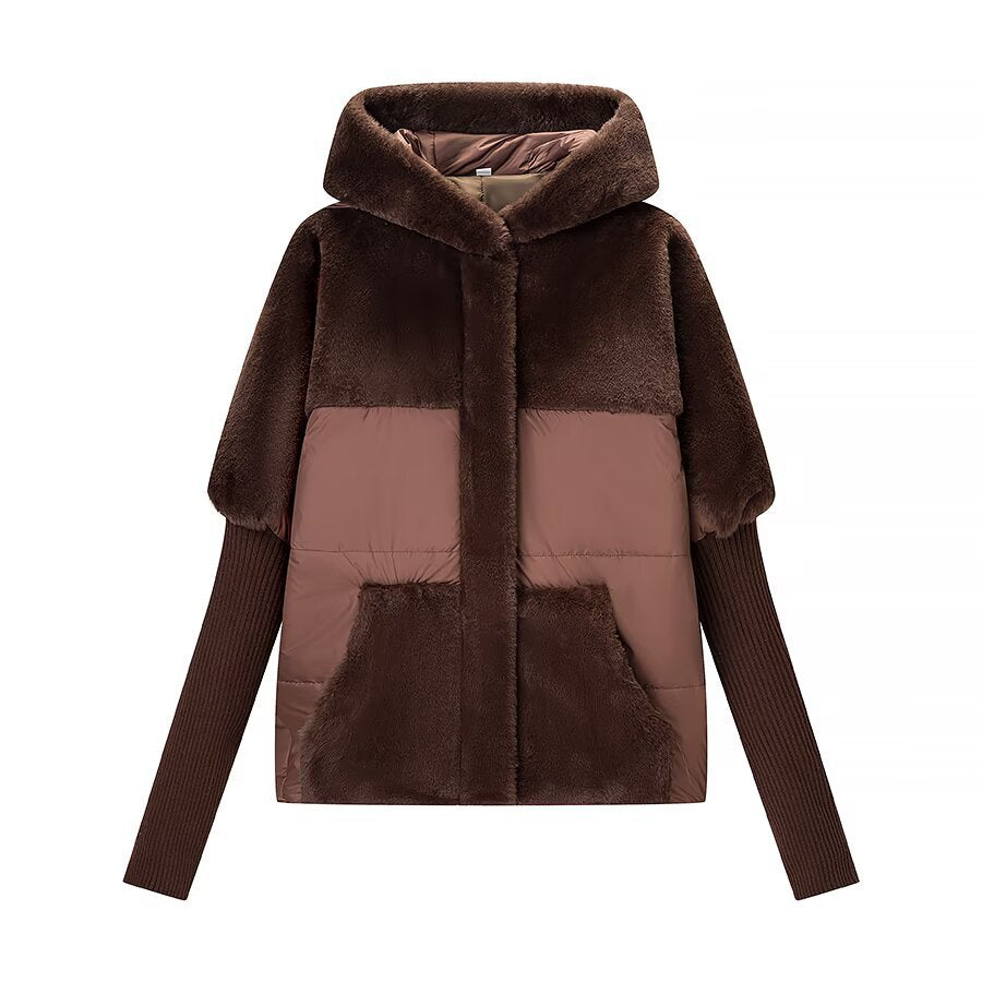 Dam Vadderad Kort Jacka med Faux Fur Insert, Huva och Ribbed Muddar