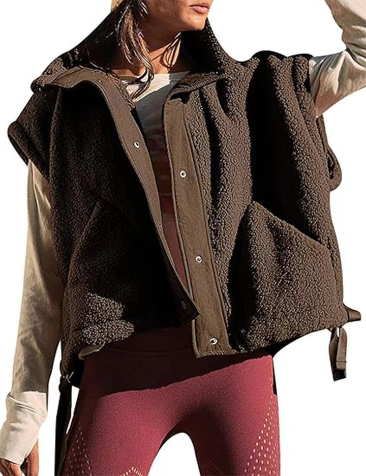 Dam oversize teddy fleece väst med huva och tryckknappar