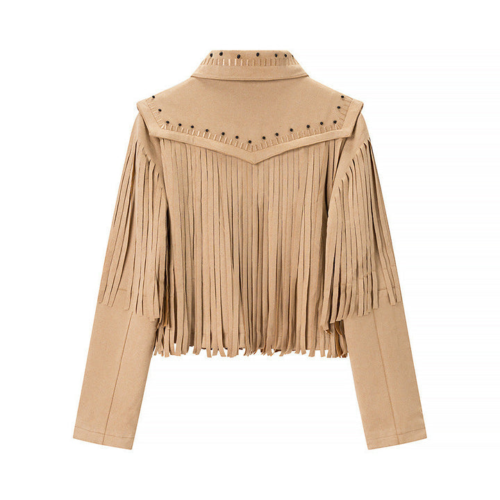Dam kort Fringe mocka jacka in Western stil med Studded Accents och fram dragkedja