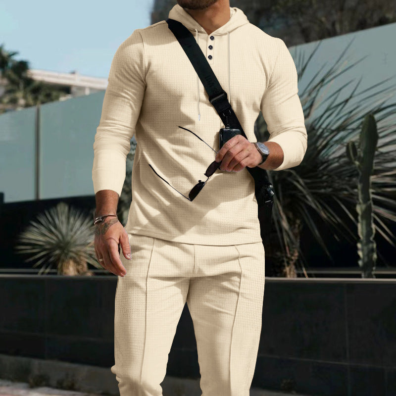 Herr Figurnära med Huva Knapplist Set Gjord av Textured Stretch Jersey med Smal Chino Jogger