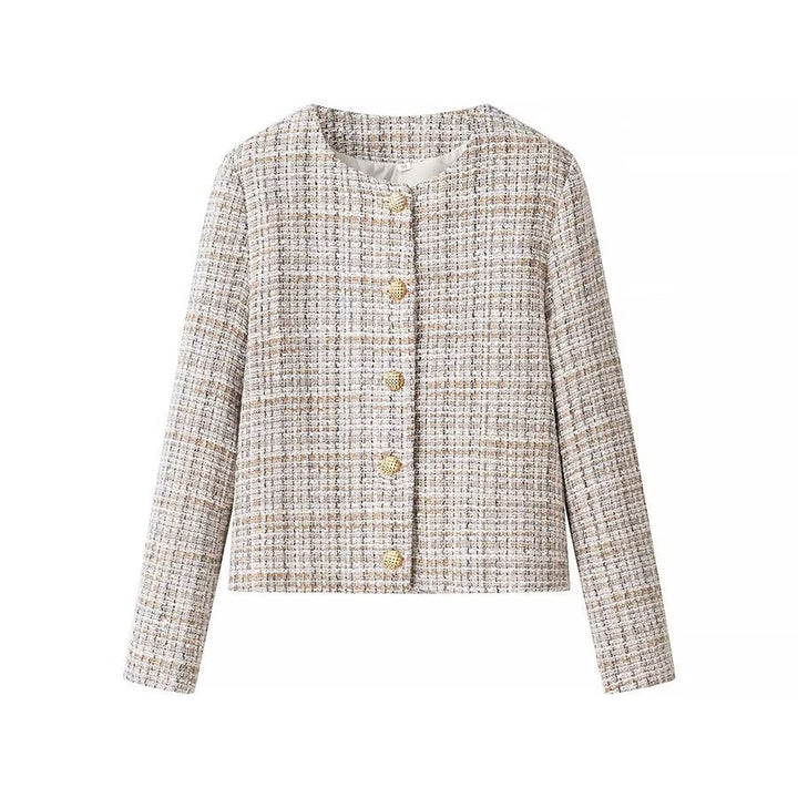 Dam kort jacka gjord bouclé tweed med a round neckline och dekorativ guldknappar
