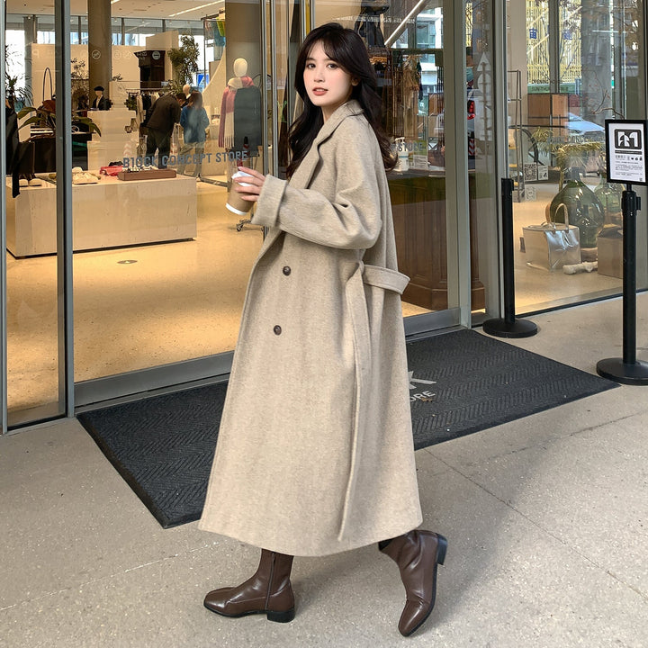 Dam lång skärning ull Mix trenchcoat med Waistband och Boxy Shoulder Area
