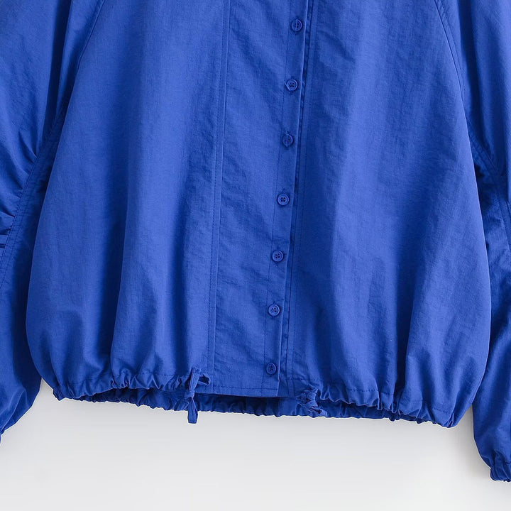 Dam Kort Blouson Jacka med Stå Krage, Voluminous Balloon Ärmar och Drawstring Nederkant