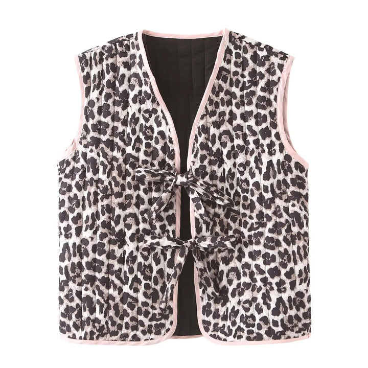 Dam non-quiltad sleeveless väst med ties och leopardprint