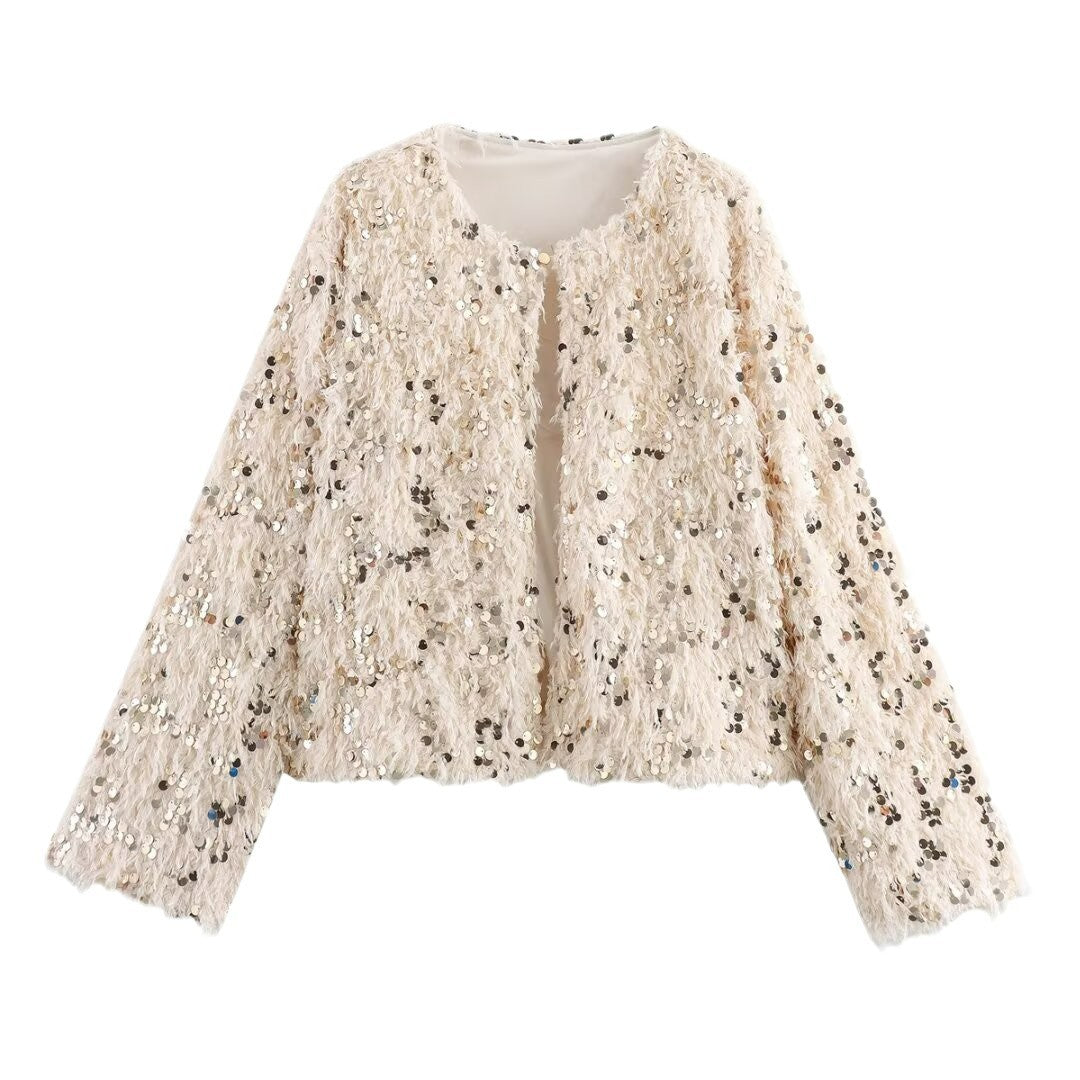 Dam Kort Jacka Gjord av Fluffy Konstpäls med Sequin Kant