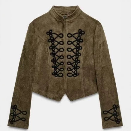 Dam Tailored Kort Suede Jacka i Military Look med Mandarin Krage och Dekorativ Cord Applications