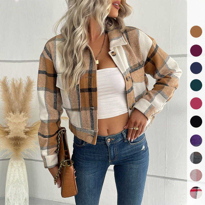 Dam kort Cropped rutig övergångsjacka med Patch bröstfickor