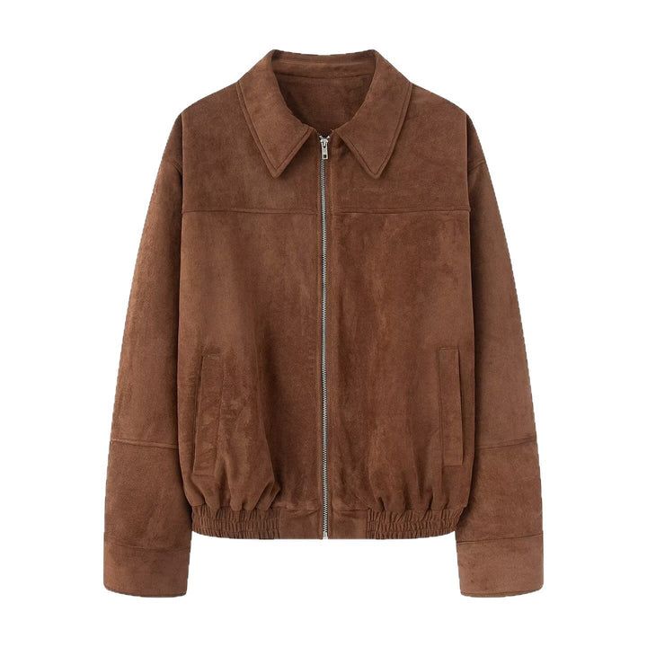 Dam kort jacka in mocka look med dragkedja och elastic fåll