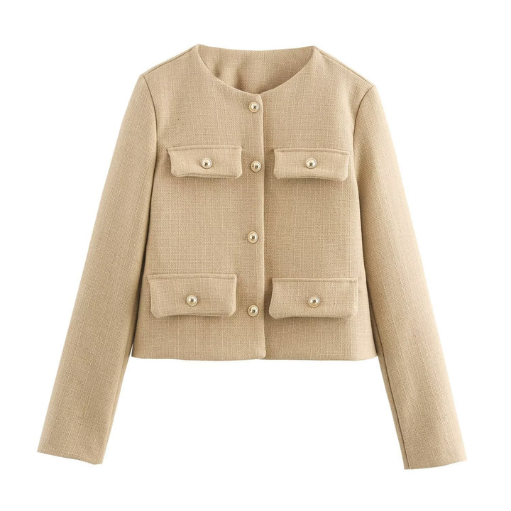 Dam kort Boucle blazer jacka med Round Neck, dekorativ ficka Flaps, och Gold-Colored knappar