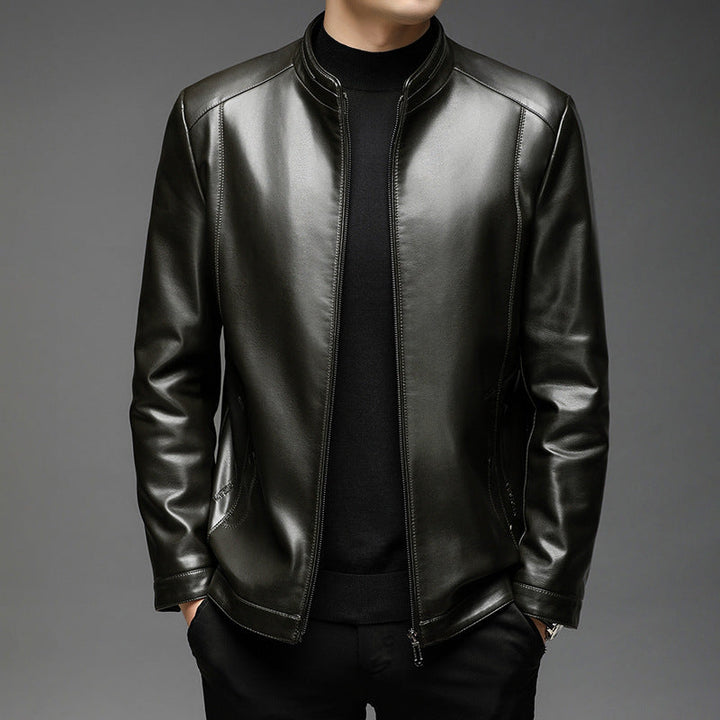 Herr Minimalistic Läder Look Övergångs Jacka med Ståkrage och Tvåvägsdragkedja