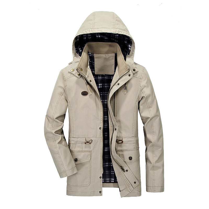 Herr Mid-Length Parka med Huva, Checkered Foder och Midja Dragsko