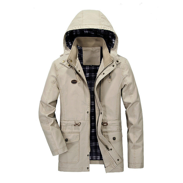 Herr Mid-Length Parka med Huva, Checkered Foder och Midja Dragsko