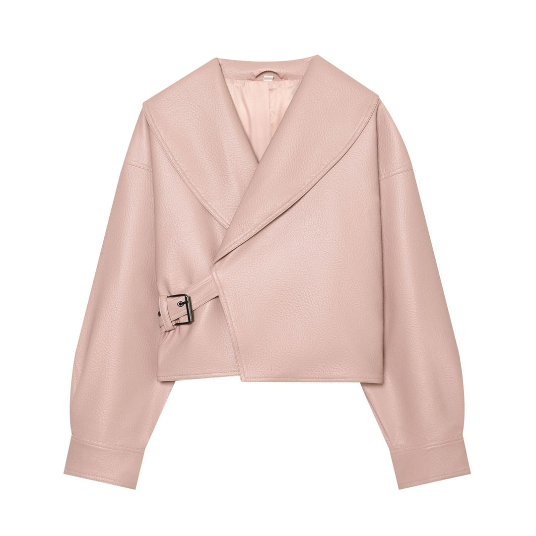 Dam Kort Faux Läder Blouson med Stora Shawl Krage och Waistband