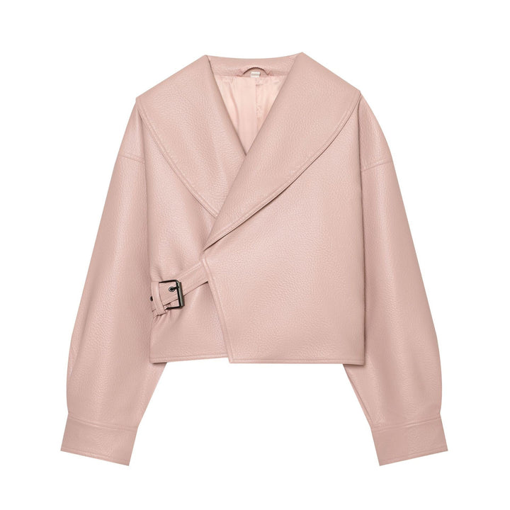 Dam Kort Faux Läder Blouson med Stora Shawl Krage och Waistband