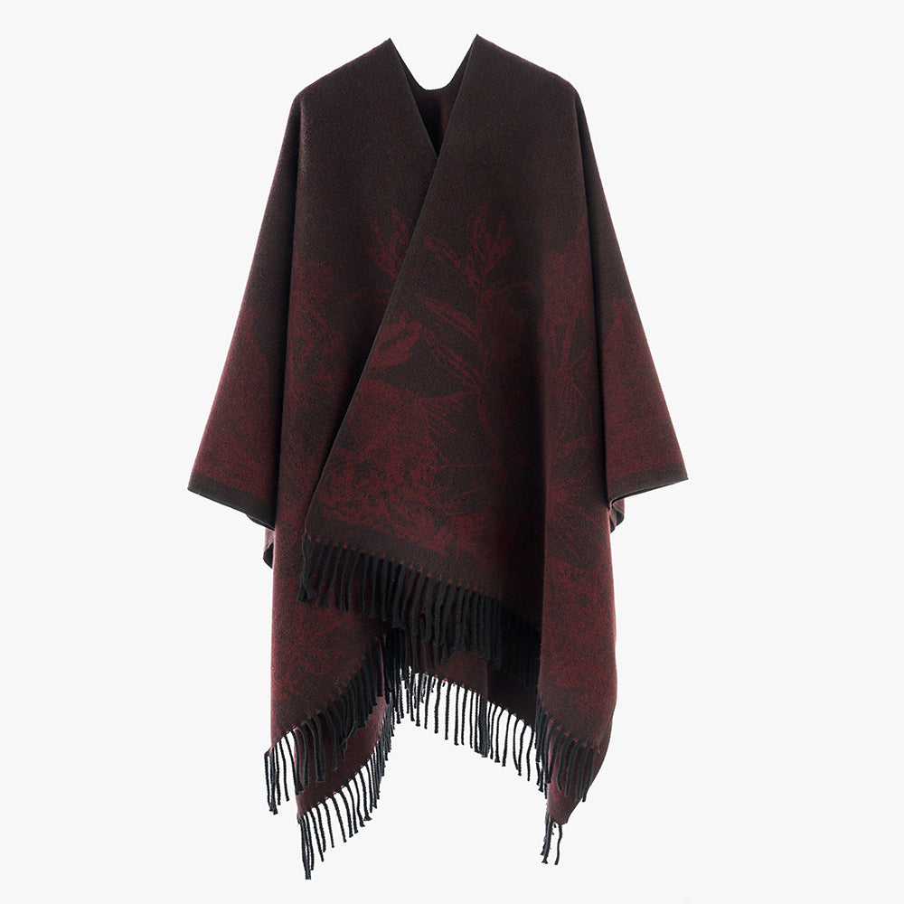 Dam V-Neck capeponcho med floral Jacquard och frayed fåll