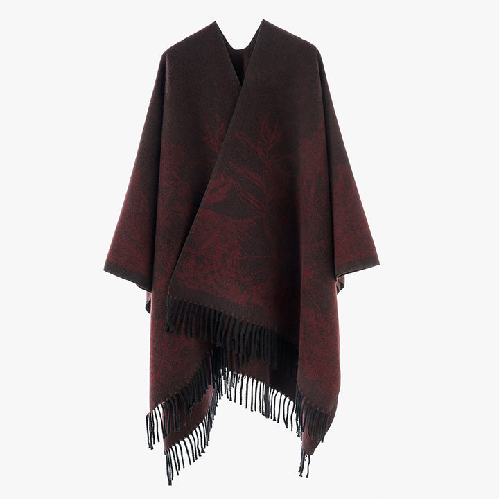 Dam V-Neck capeponcho med floral Jacquard och frayed fåll