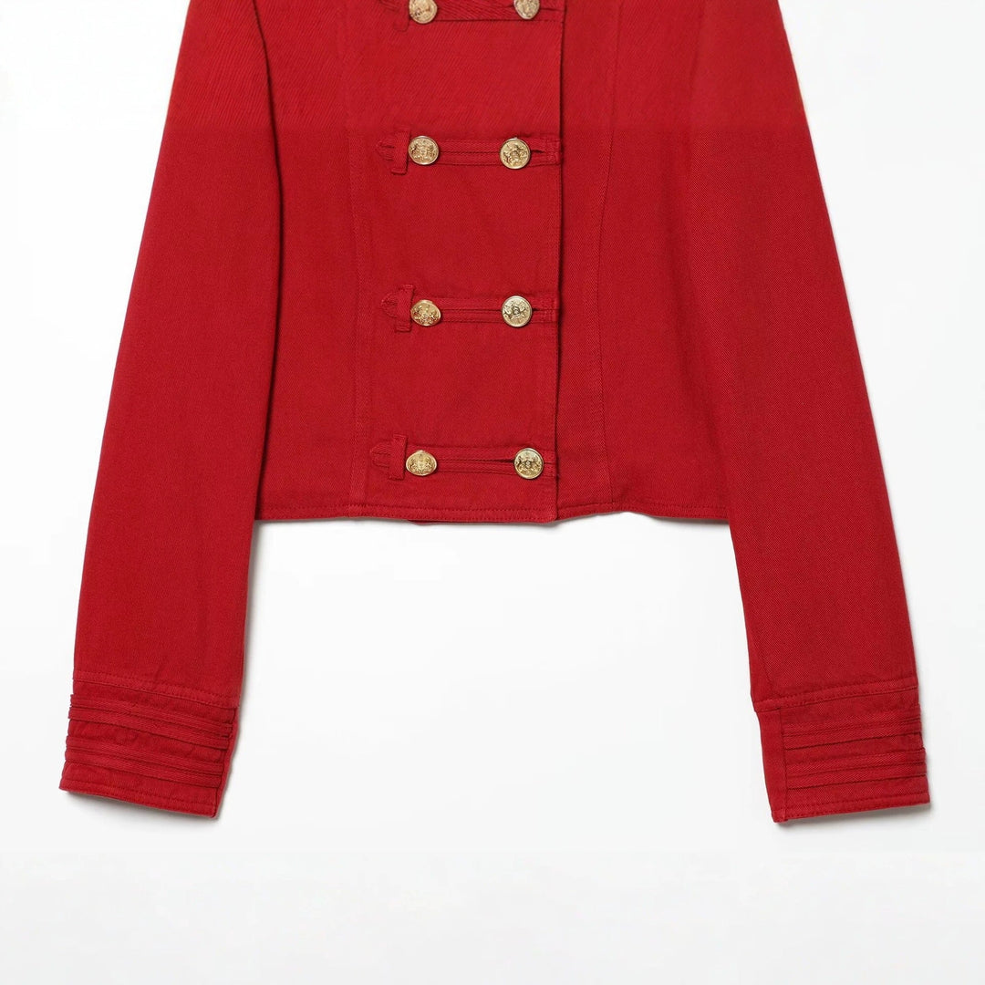 Dam Kort Militär-Inspired Jacka med Decorative Ornate Knappar