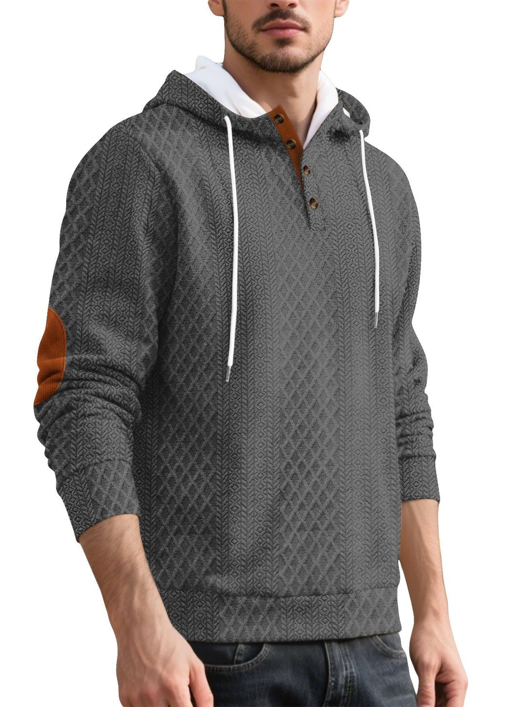 Herr Nan Diamond Structure Luvtröja med Kort Knapplist, Quiltad Huva Inner Edge, och Mocka Elbow Lapp