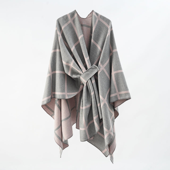 Dam Oversize ullblandning poncho med bälte och Check mönster