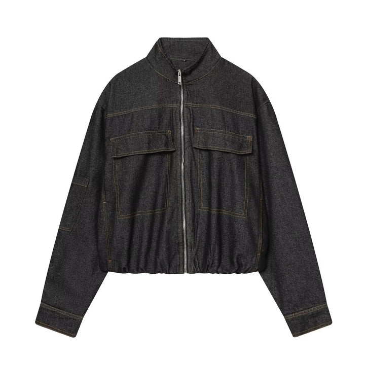 Dam Kort Jeans-Utility-Jacka med Dragkedja, Stå Krage och Elastic Nederkant