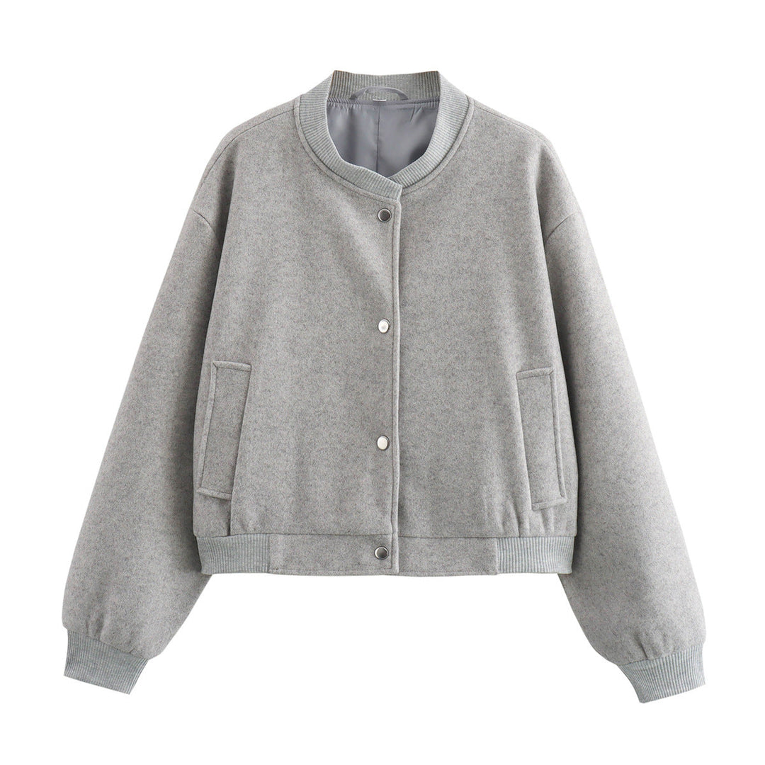 Dam Kort Oversize Collegejacka i Ull Blend med Tryckknapp Knapp Stängning, Side Fickor och Ribbed Muddar