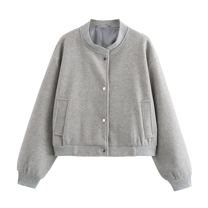 Dam Kort Oversize Collegejacka i Ull Blend med Tryckknapp Knapp Stängning, Side Fickor och Ribbed Muddar