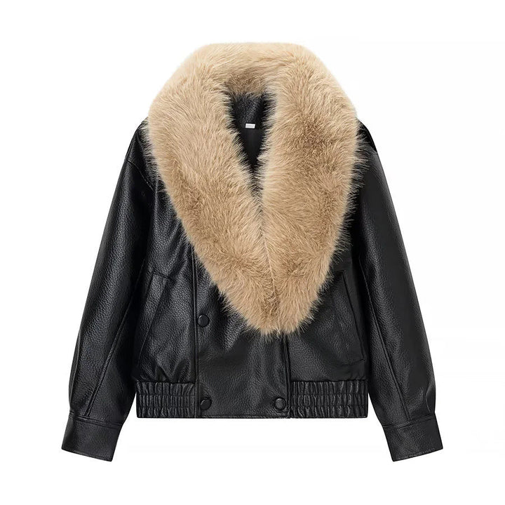 Dam kort-skärning syntetläder blouson med voluminous faux fur sjalkrage