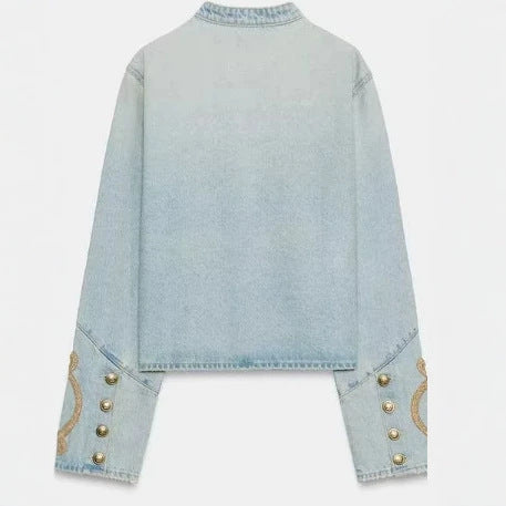 Dam Kort Denimjacka i Military Stil med Dekorativ Cord Application