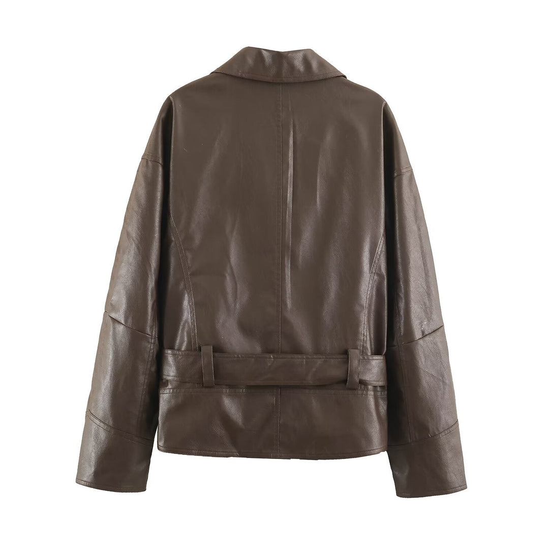 Dam Kort Jacka i Läder Look med Knytbälte och Asymmetrical Knapplist