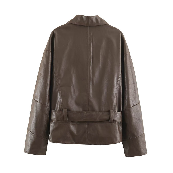 Dam Kort Jacka i Läder Look med Knytbälte och Asymmetrical Knapplist